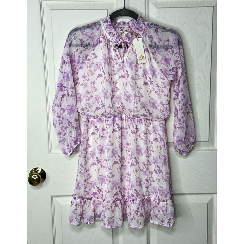 GB Girls XL Purple/White Floral Fit & Flare Long Sleeve Ruffle Lined NWT